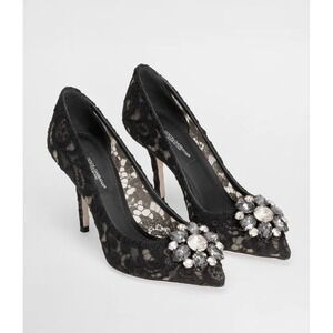 Dolce & Gabbana Bellucci Black Lace Crystal Embellished Pointed  Pump 35.5 5.5